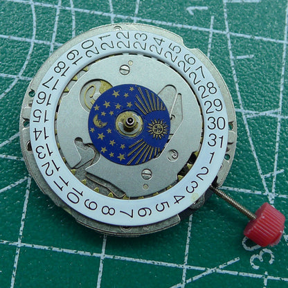 ISA 1198 Quartz Movement watch showcasing Swiss-made moon and star phase dial.