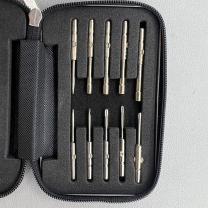 Precision screwdriver set for watch and eyeglass repair, includes hex tools and cutter heads with grip handle.