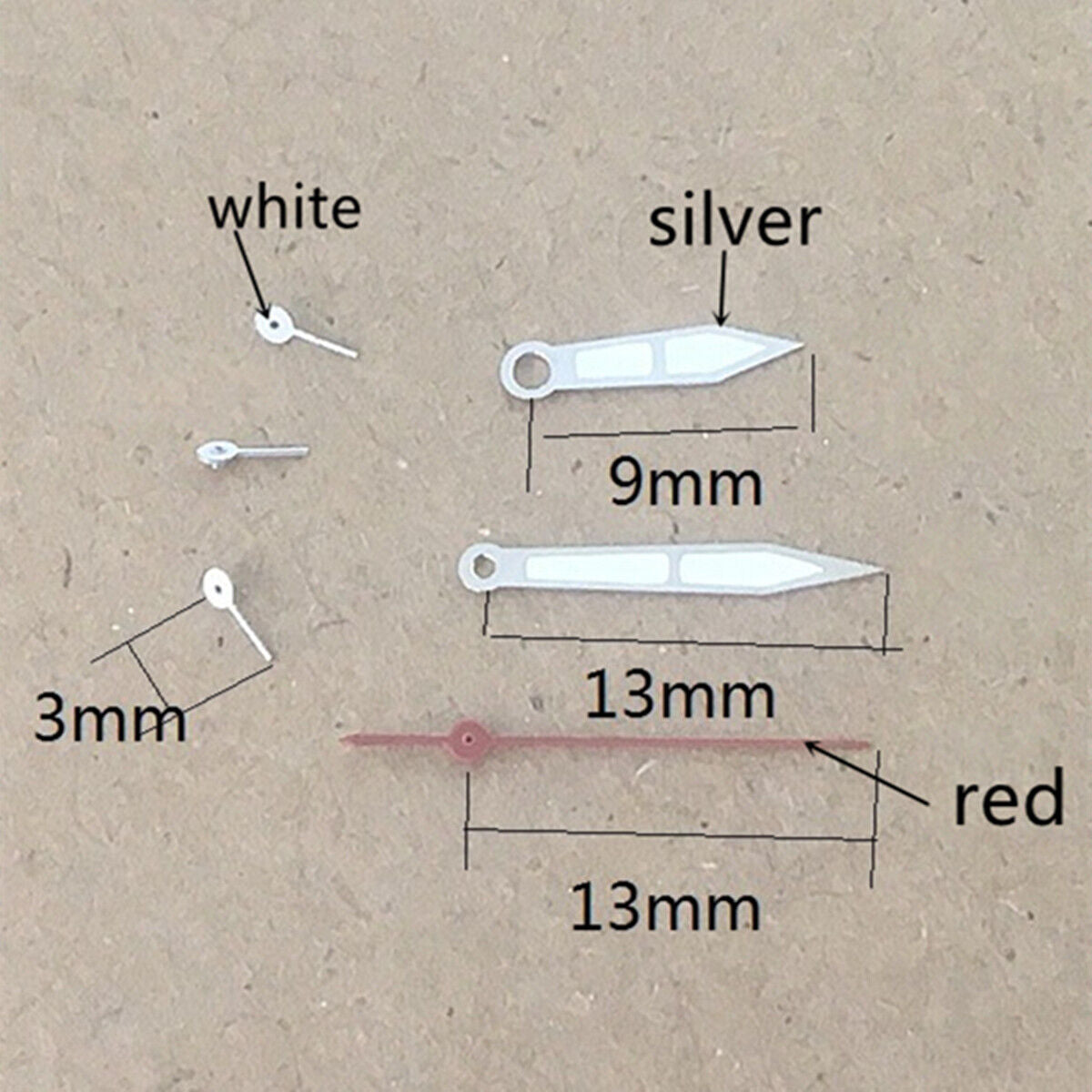 Silver 13mm watch hands with white paint, compatible with Miyota OS10 OS20 OS22 OS60 OS80 movements.