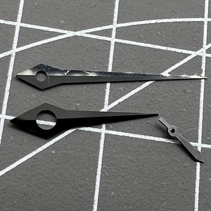 Long pointed black watch hands by NO Lume, compatible with ST3600/ST3620/ETA6497/6498 movements, precise fit.