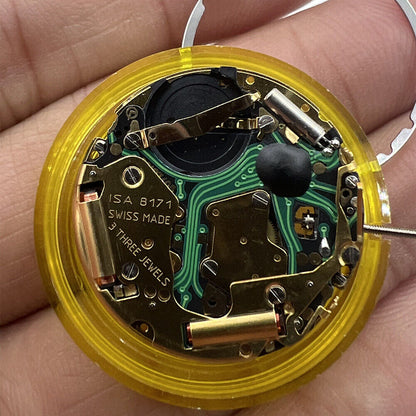 Swiss Made ISA 8171 quartz watch movement with date at 6, multifunctional design for precise timekeeping.