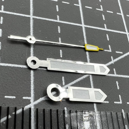 Silver and yellow pointed second watch hands for Seiko NH35 NH36, precision replacement parts, ideal for accurate timekeeping.