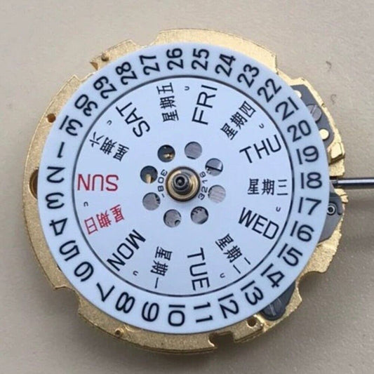 Citizen watch accessory featuring Japan-made golden 8200/8215 movement with double calendar date at 3 o'clock.