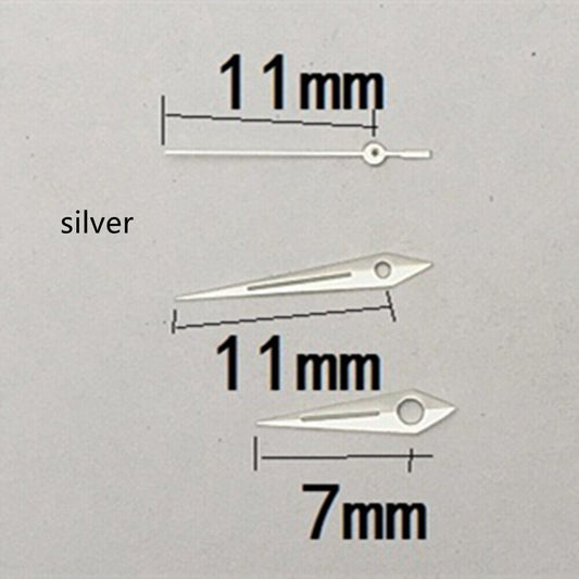 Aiguilles de montre luminescentes vertes en forme de flèche, garniture argentée de 11 mm, pour mouvement Miyota 1M12