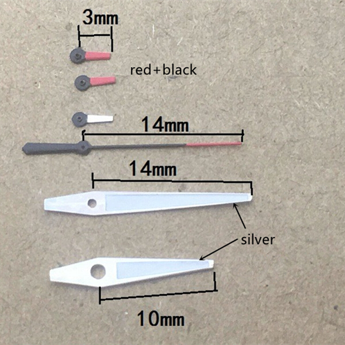 Red and white small second watch hands with silver trim for Miyota OS series movements.