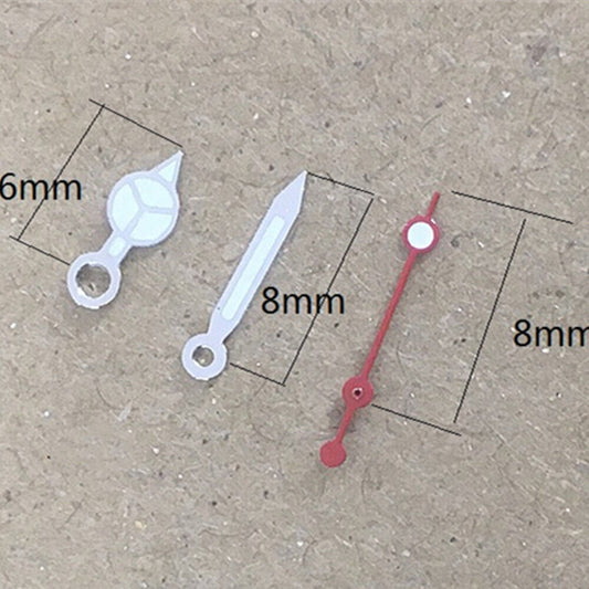 Luminous silver-trimmed watch hands for Miyota 2035 quartz movement by P1-H2-C4, enhancing readability in low light.