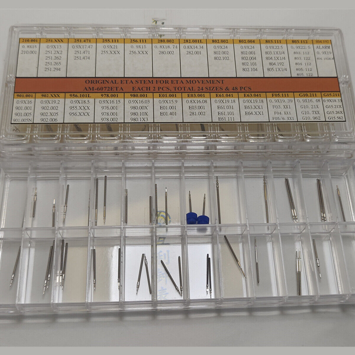 1. Stainless Steel ETA watch stems in 24 sizes, 48pcs for precise movement repairs.  