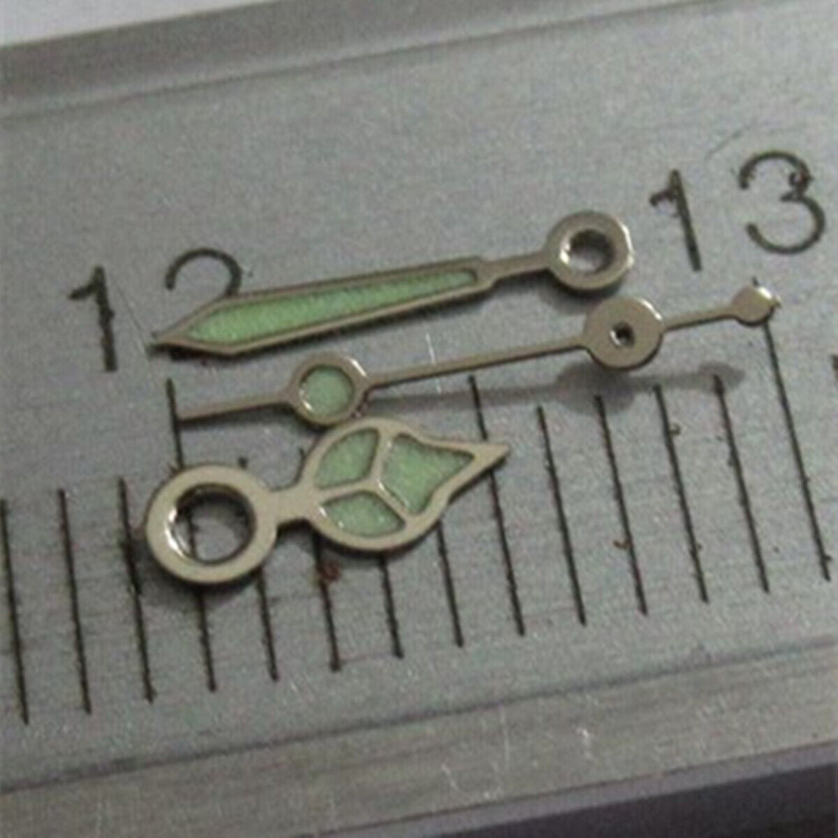 8mm silver-trimmed green lume watch hands set compatible with Miyota 2035, 2115, 2105, 2305, 2315 movements.