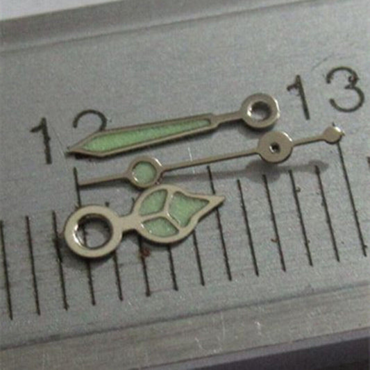 8mm silver-trimmed green lume watch hands set compatible with Miyota 2035, 2115, 2105, 2305, 2315 movements.