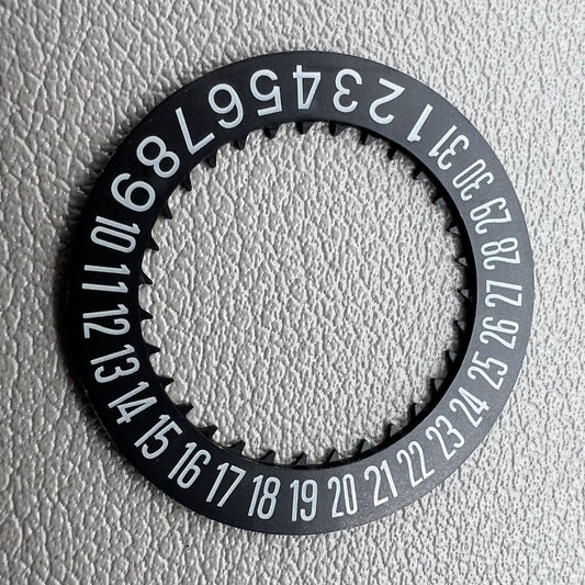 Black date disk wheel showing date at 6 o'clock, compatible with NH34 NH35 movement, precision watch part.