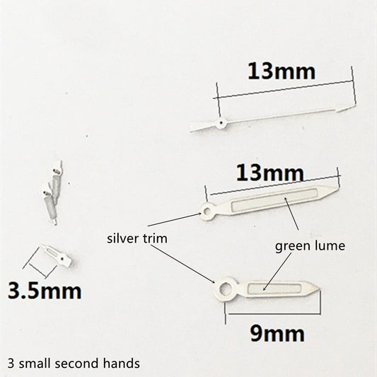 Silver-trimmed green lume watch hands for Epson VD53 VD54 VD57 movements, precise and luminous.