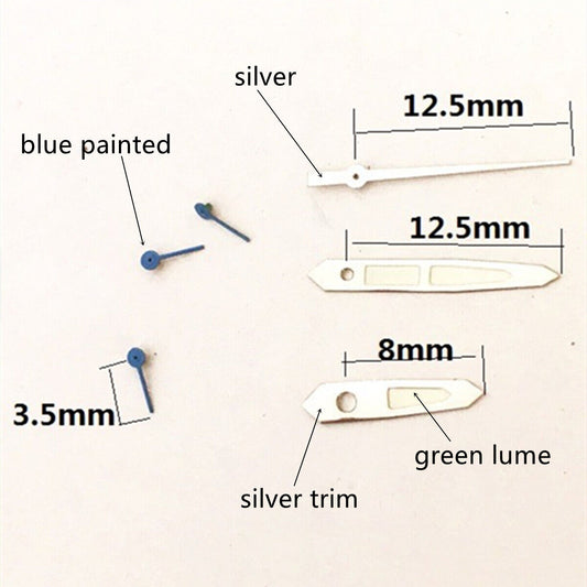 Green lume watch hands with silver trim, compatible with VD53 VD54 VD57 movements.
