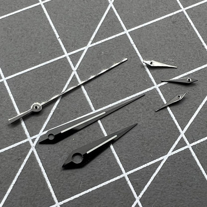 Polished black luminous watch hands set for Ronda 5040B quartz movement, enhancing readability.