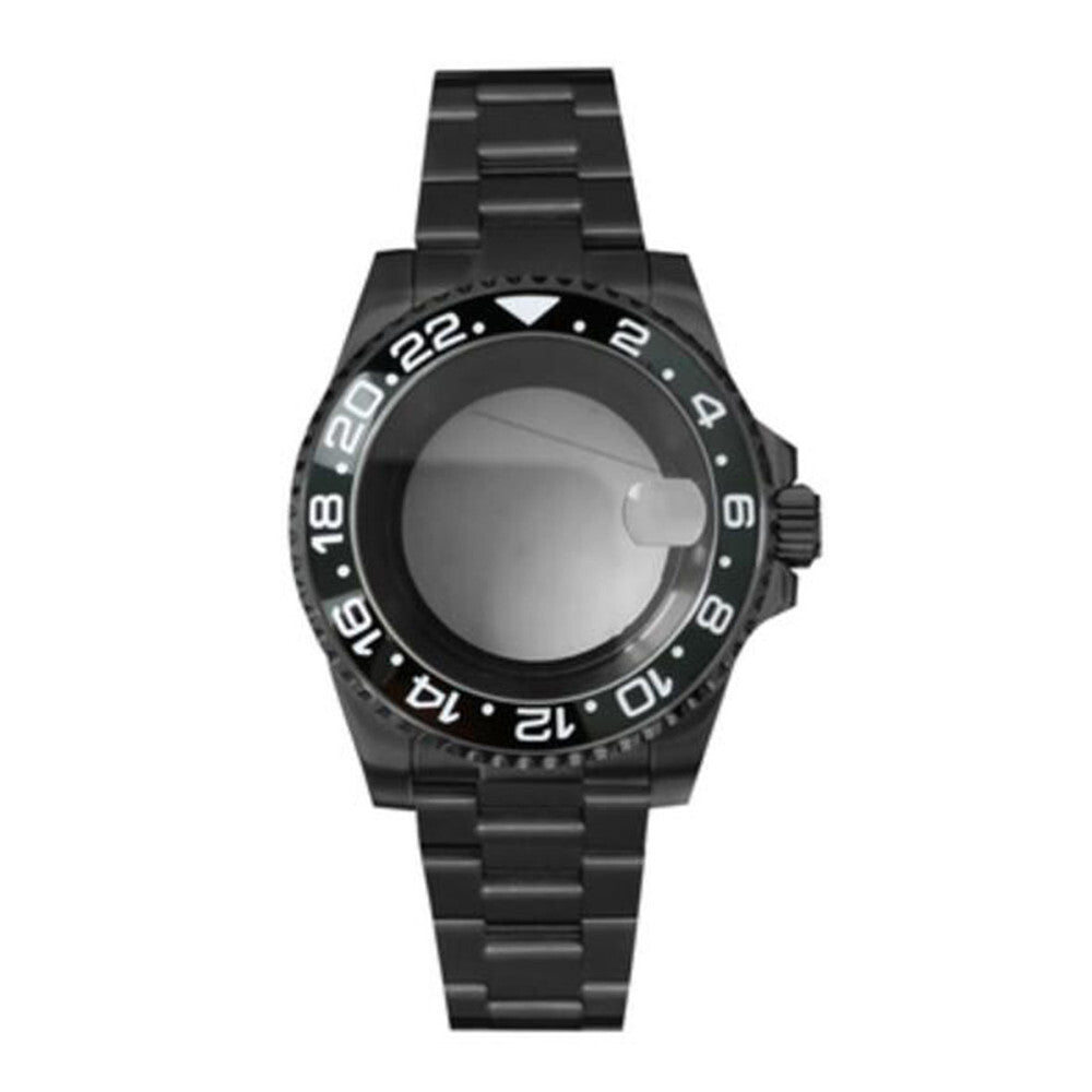 PVD black SUB watch case and strap with 40mm sapphire glass, 5ATM water resistance, fits NH35/NH36 movements.