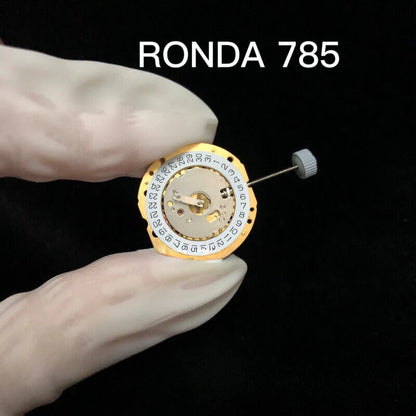 Original Swiss RONDA 785 calendar quartz movement in golden silver finish for precise watch accessories.