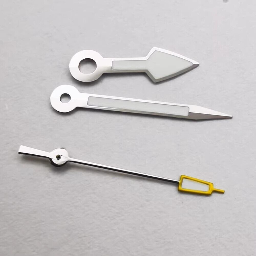 Arrow-shaped silver trim watch hands with yellow second hand and green lume, compatible with NH35 NH36 movements.