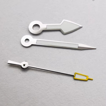 Arrow-shaped silver trim watch hands with yellow second hand and green lume, compatible with NH35 NH36 movements.