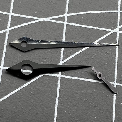 Long pointed black watch hands without lume for ST3600/ST3620/ETA6497/6498 movements, precise fit.