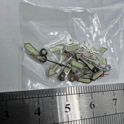 Arrow-shaped silver trim green lume watch hand for Miyota 2035, precise timekeeping.