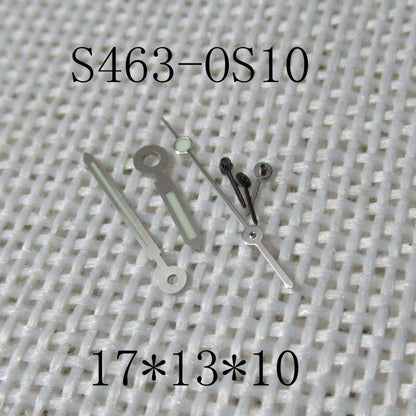 Silver-trimmed green luminous watch hands for Miyota OS10, enhancing visibility and style.