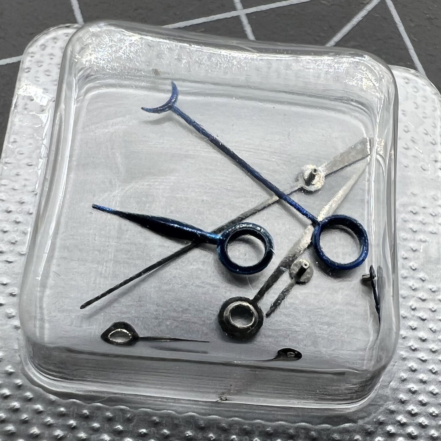 Blue polished watch hands for ETA 7750 and 7751 movements, precision replacement parts.