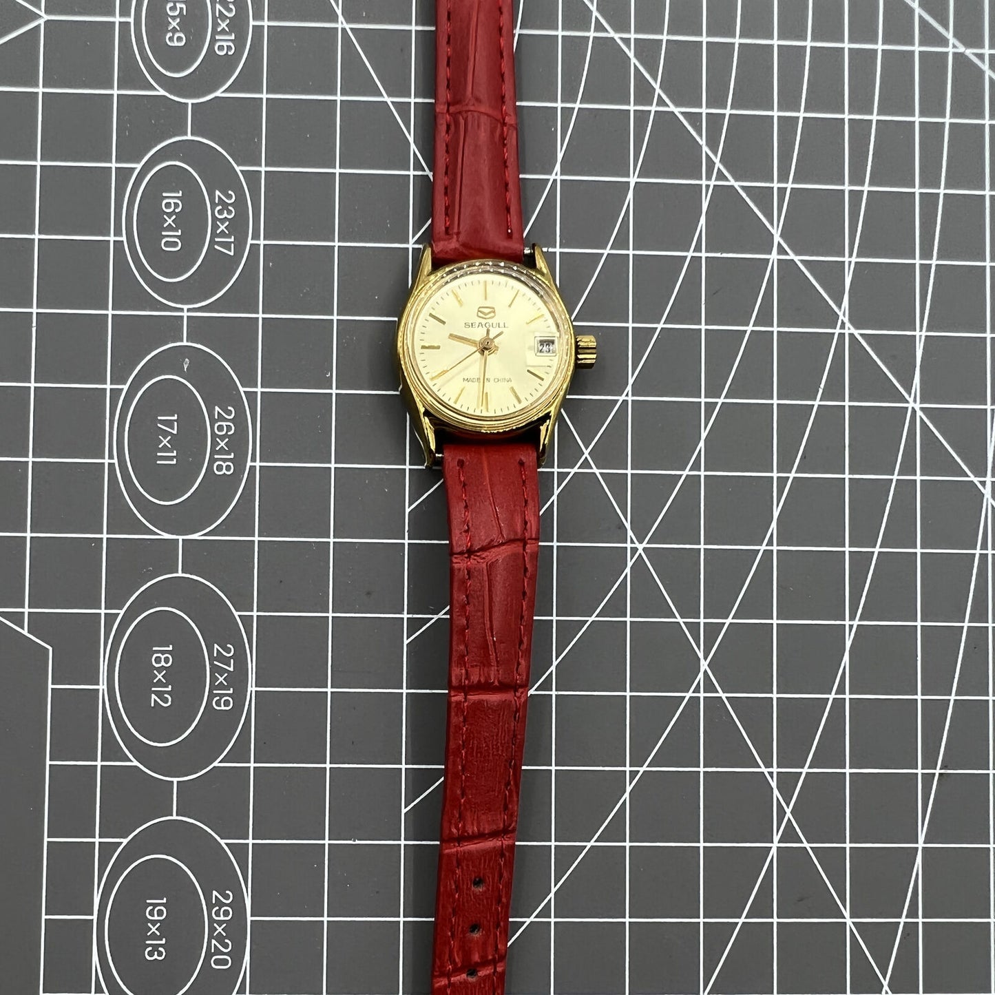 Golden dial Seagull lady watch with 19 jewels, manual mechanical movement, Tianjin factory craftsmanship.