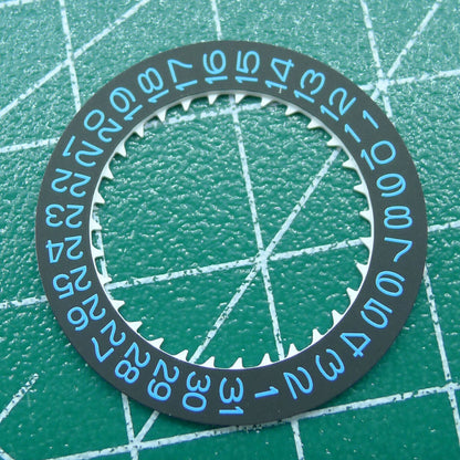 Blue font date disk wheel for NH35 watch movement on black background
