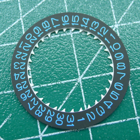 Blue font date disk wheel for NH35 watch movement on black background