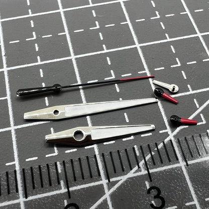 Red and white small second watch hands with silver trim for Miyota OS series, enhancing precision and style.