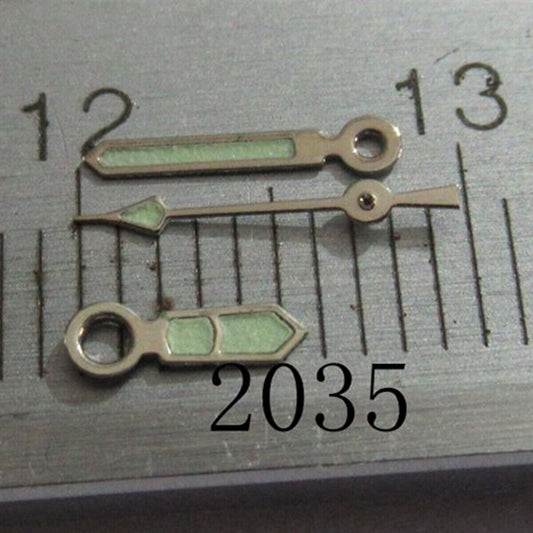 Silver-trimmed green lume watch hands set for Miyota 2035 2115 2105 2305 2315, precise fit and visibility.