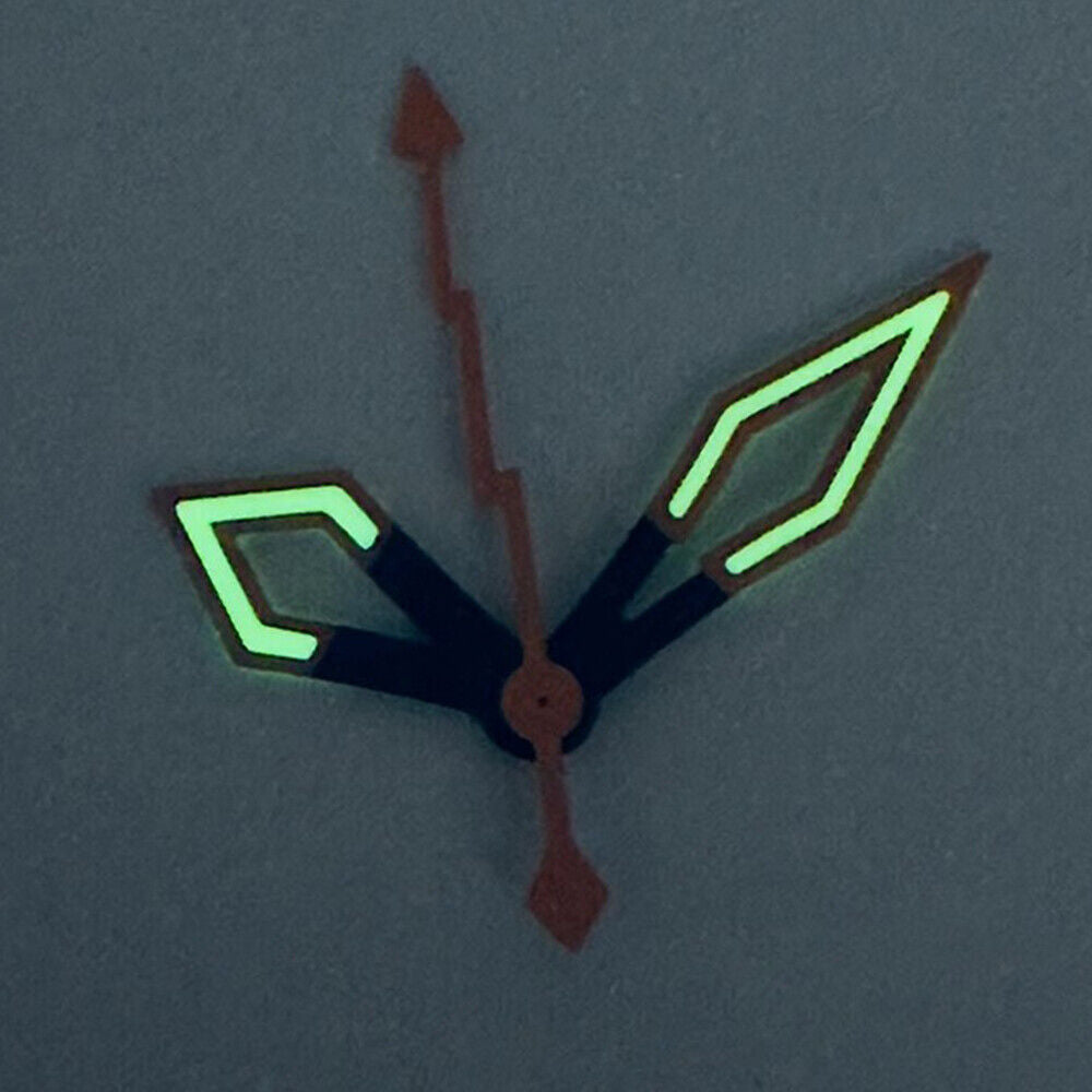Black and orange butterfly watch hands with C3 green lume, compatible with NH35/36/4R movements.