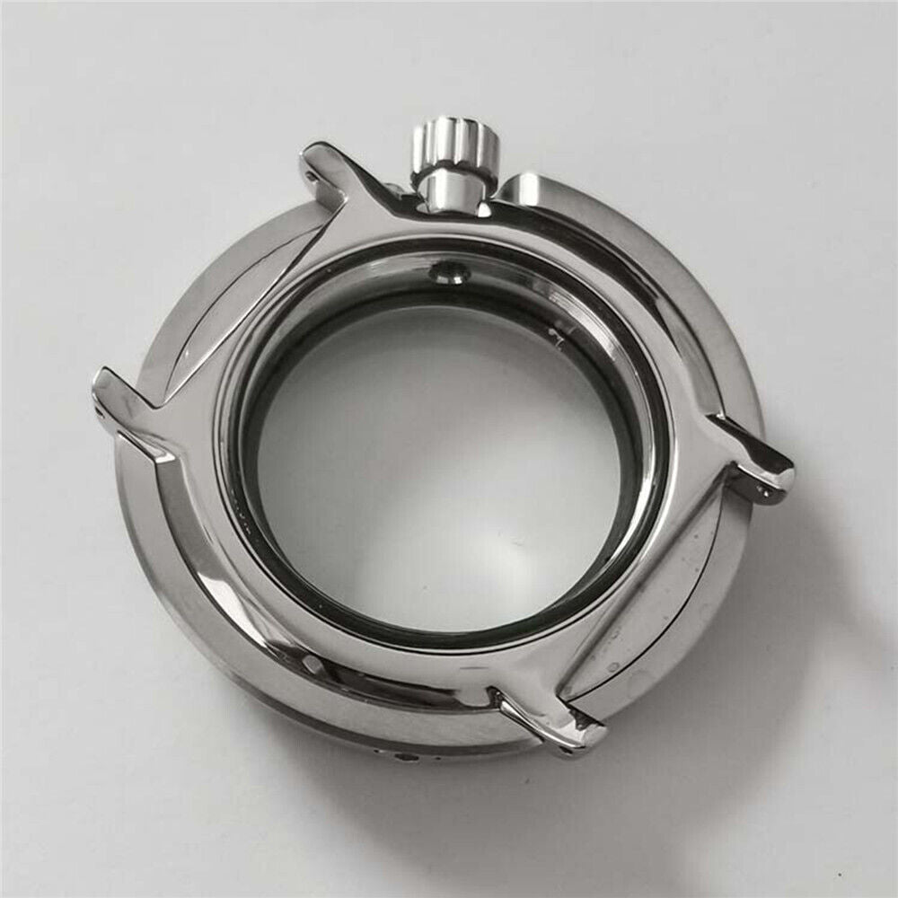 Stainless steel 45MM watch case with mineral glass, fits NH35/36 movement, stylish and durable accessory.