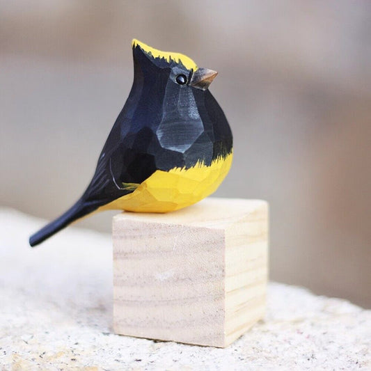 Handmade Crown Sparrow wooden figurine with yellow mane, decorative bird sculpture for home decor.