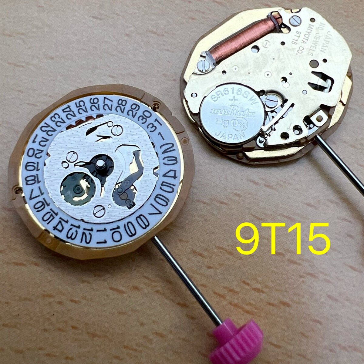 Miyota 9T15 Japan quartz watch movement with date display at 3 o'clock for precise timekeeping.