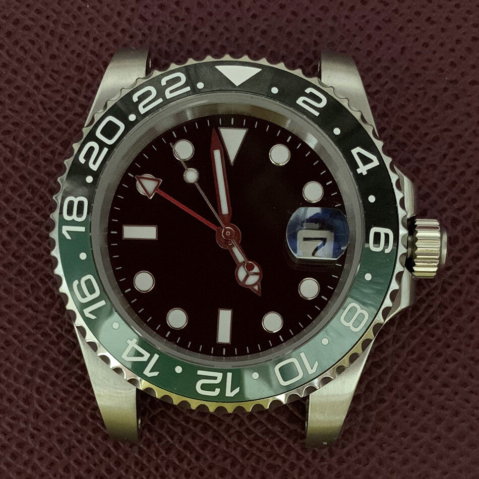 Boîtier de montre GMT 40 mm en acier inoxydable 3804 316L, verre saphir, aiguilles lumineuses