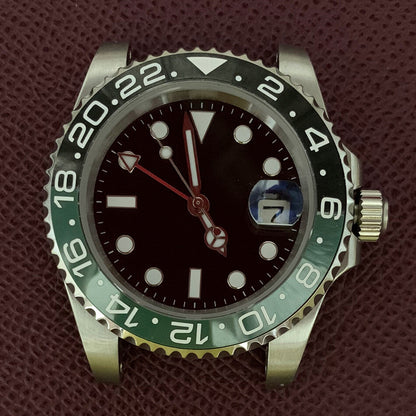 Boîtier de montre GMT 40 mm en acier inoxydable 3804 316L, verre saphir, aiguilles lumineuses