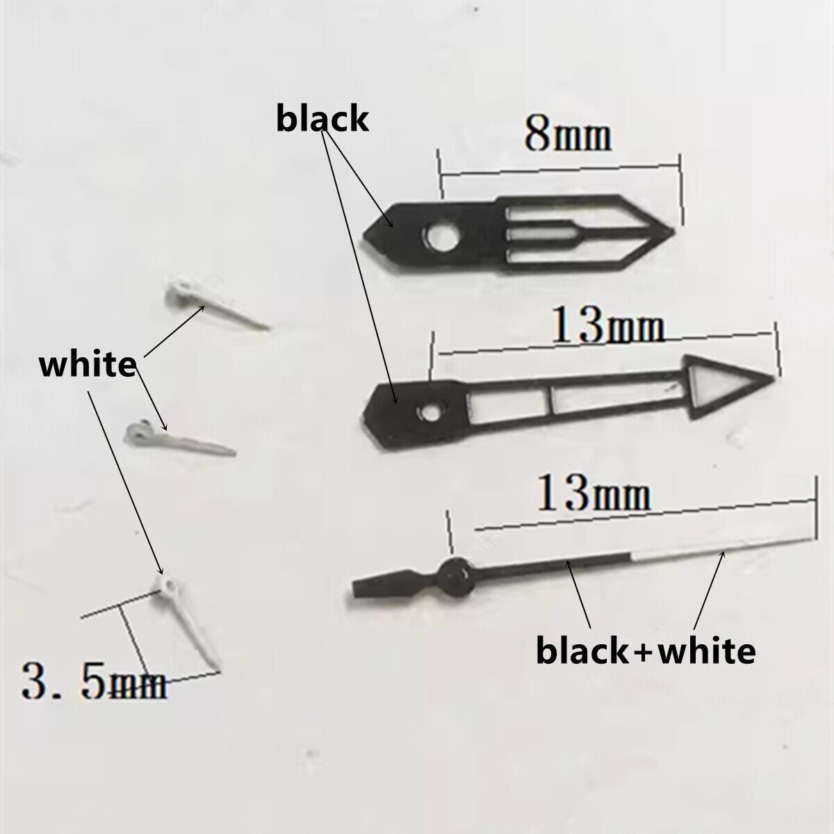 13mm white and black trim green lume watch hands set for PE90 movement, precise timing accessory.