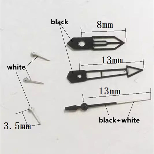 13mm white and black trim green lume watch hands set for PE90 movement, precise timing accessory.