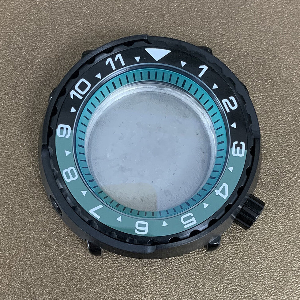 45mm PVD black stainless steel watch case with ceramic ring and mineral glass for NH35 movement.