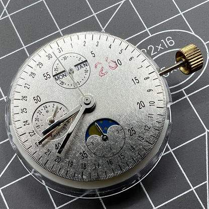 Dandong 7751 automatic watch movement with 8 hands showing multifunctional time features