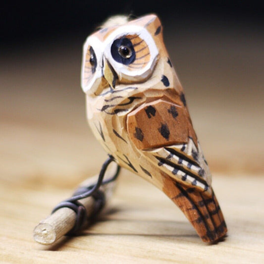 Handmade brown owl wooden figurine, perfect decorative artwork for cozy home spaces.