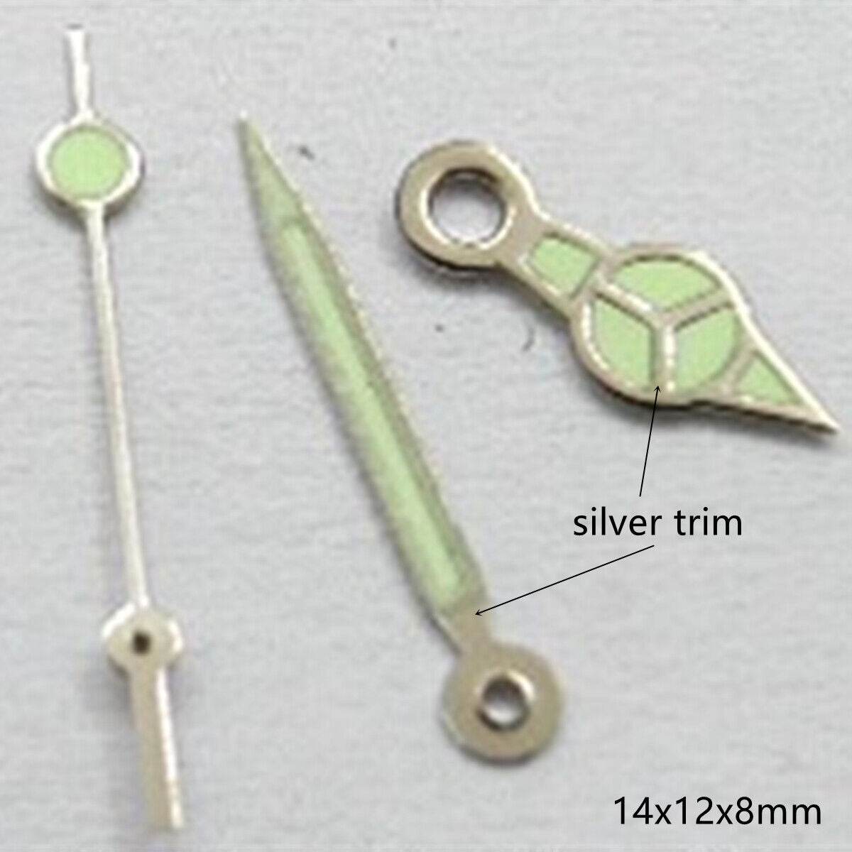 Silver trim green lume watch hands set for Miyota 2035, 2115, 2105, 2305 movements.