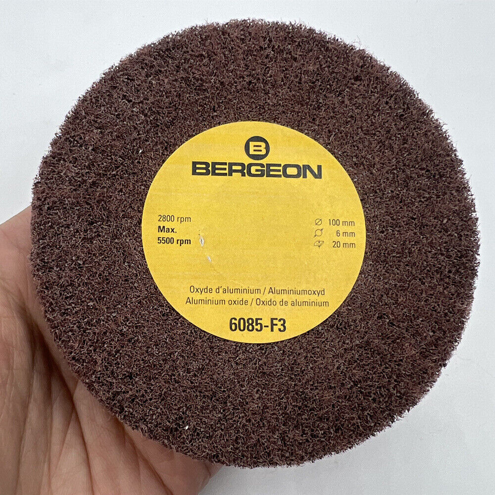 Bergeon 6085-F3 abrasive wheels with very fine aluminum oxide for precision polishing of watch accessories.
