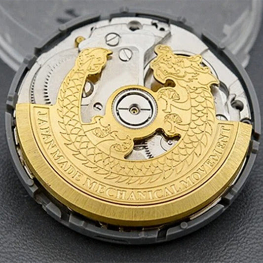 Steel golden dragon carved rotor oscillating weight, compatible with NH35 NH36 watch movements, enhancing timepiece performance.