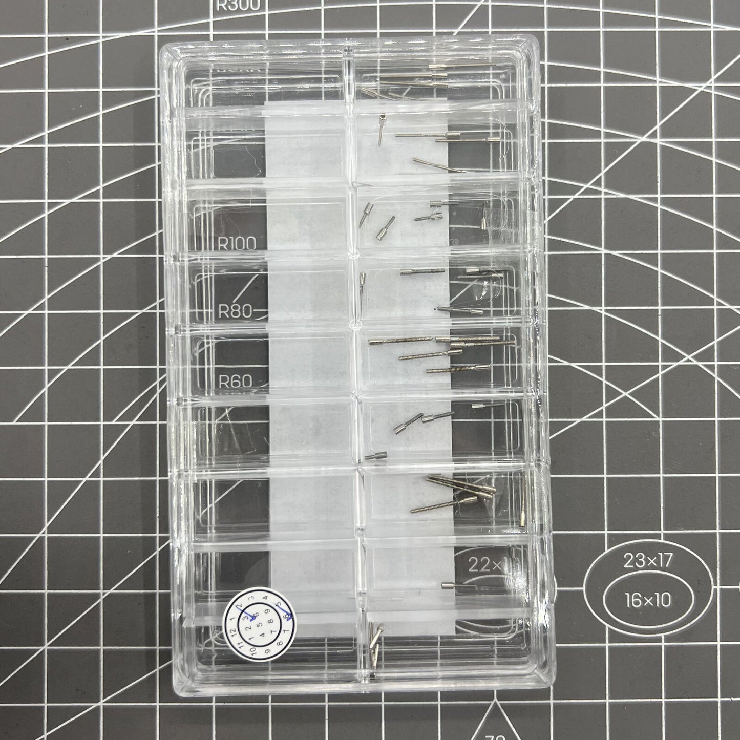 45-piece Swiss ETA watch stem extenders assortment, 9 sizes for precise watch repair.
