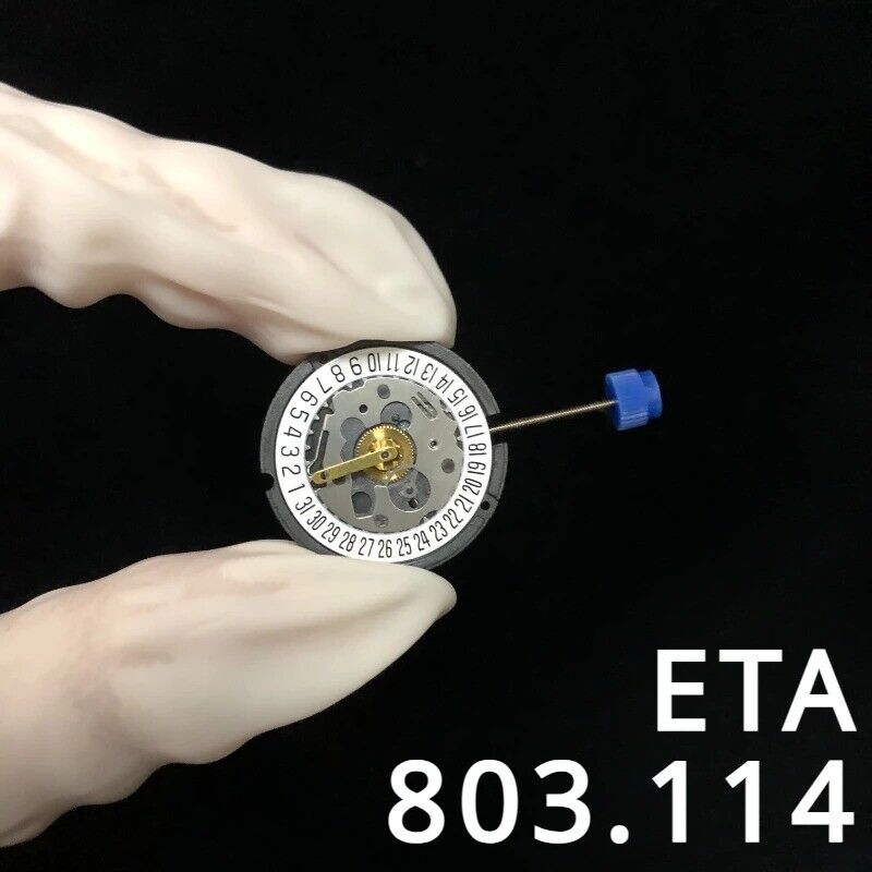 Swiss Made ETA 803.114 quartz watch movement with 3 hands and date at 6, replacement for ETA 803.112.
