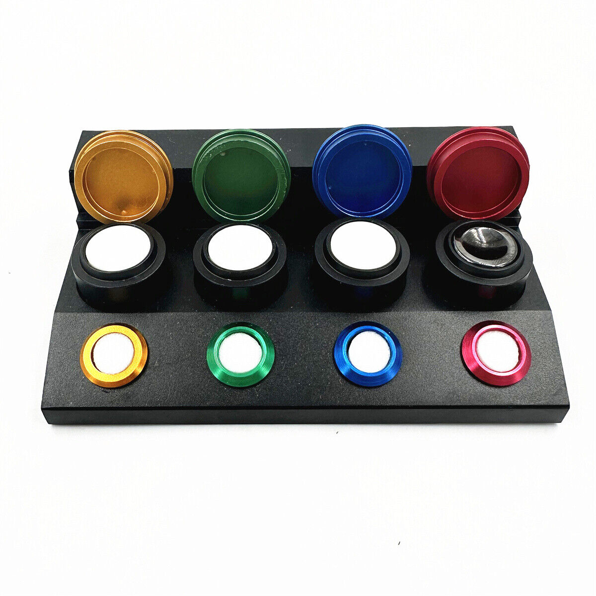 Die-cast alloy MSA17.000-04 oil cup stand with 4 containers for precise watch repair tools.