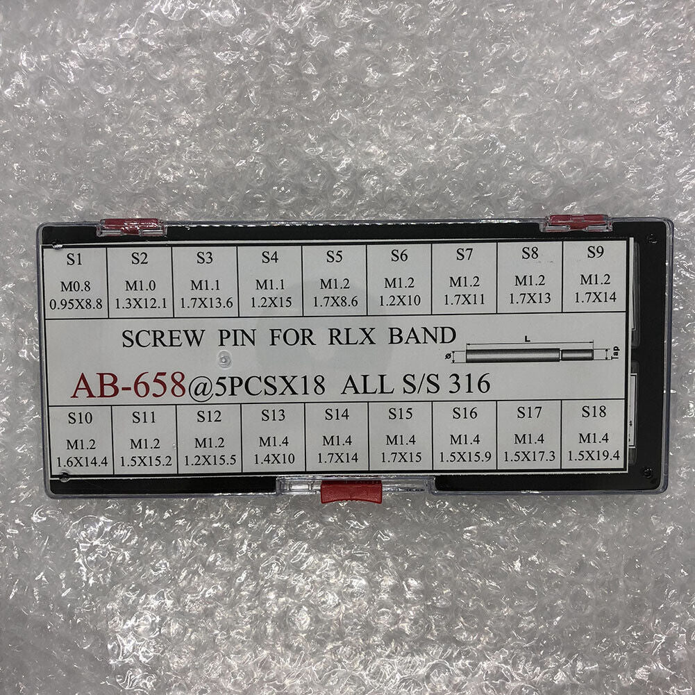 Set of 90 screw-type watch bracelet links and pins by AB-658 for precise band adjustments.