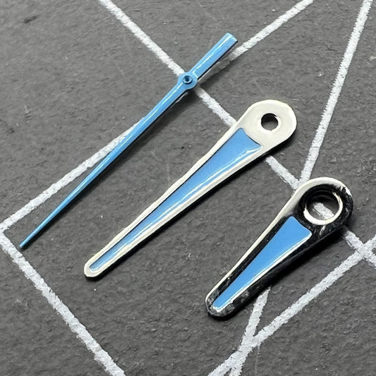 Blue painted watch hands set for Miyota 2035 movement, sizes 13mm/11mm/9mm, stylish and precise.