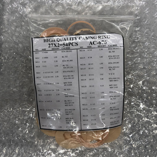 Set of 54 AC-676 movement case spacers, 27 ligne sizes for precise watch accessory fitting.